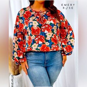 Floral Plus Lantern Sleeved Blouse